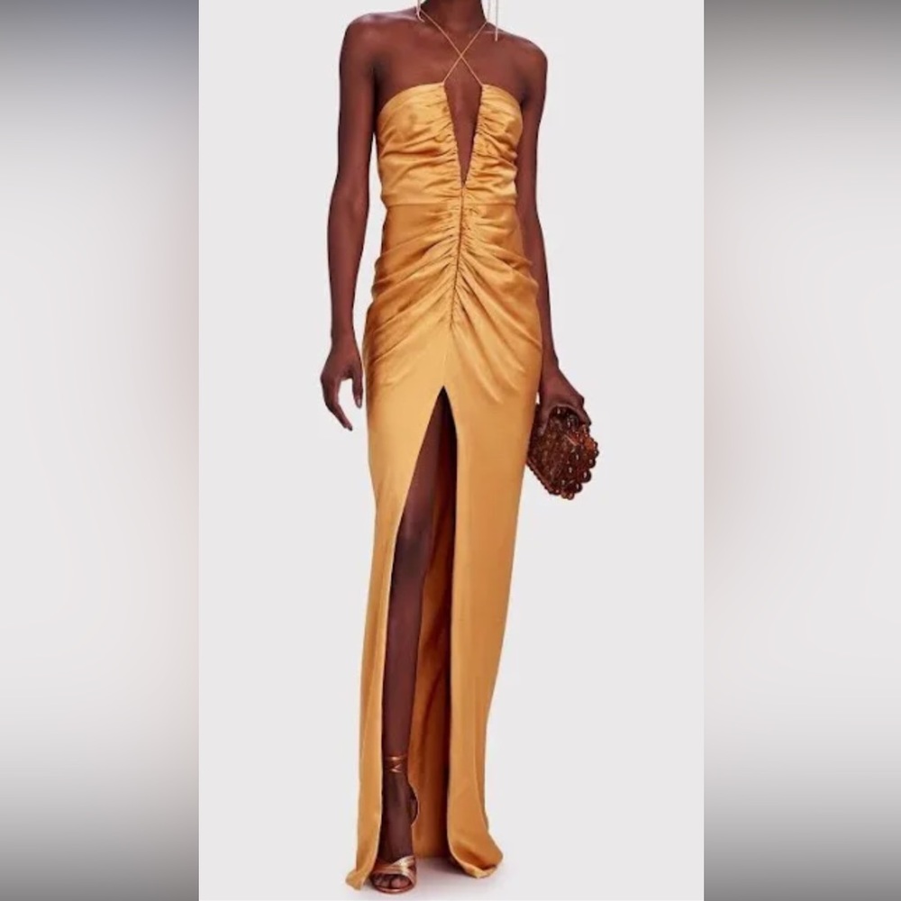 Sei Keyhole Ruched Silk Maxi Dress in Orange